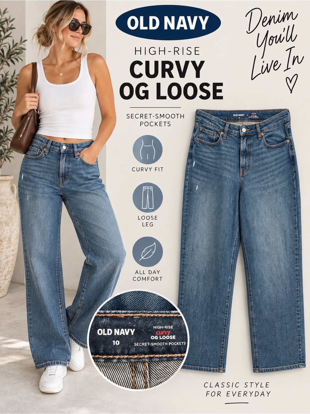 Old Navy High-Rise Curvy OG Loose Jeans Size 10 Medium Wash NWT
